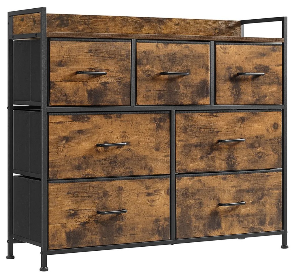 Cômoda de tecido SONGMICS, unidade de armazenamento para quarto, armário e cômoda com 7 gavetas, com estrutura e puxadores de metal, industrial, marrom rústico e preto LTS137B01