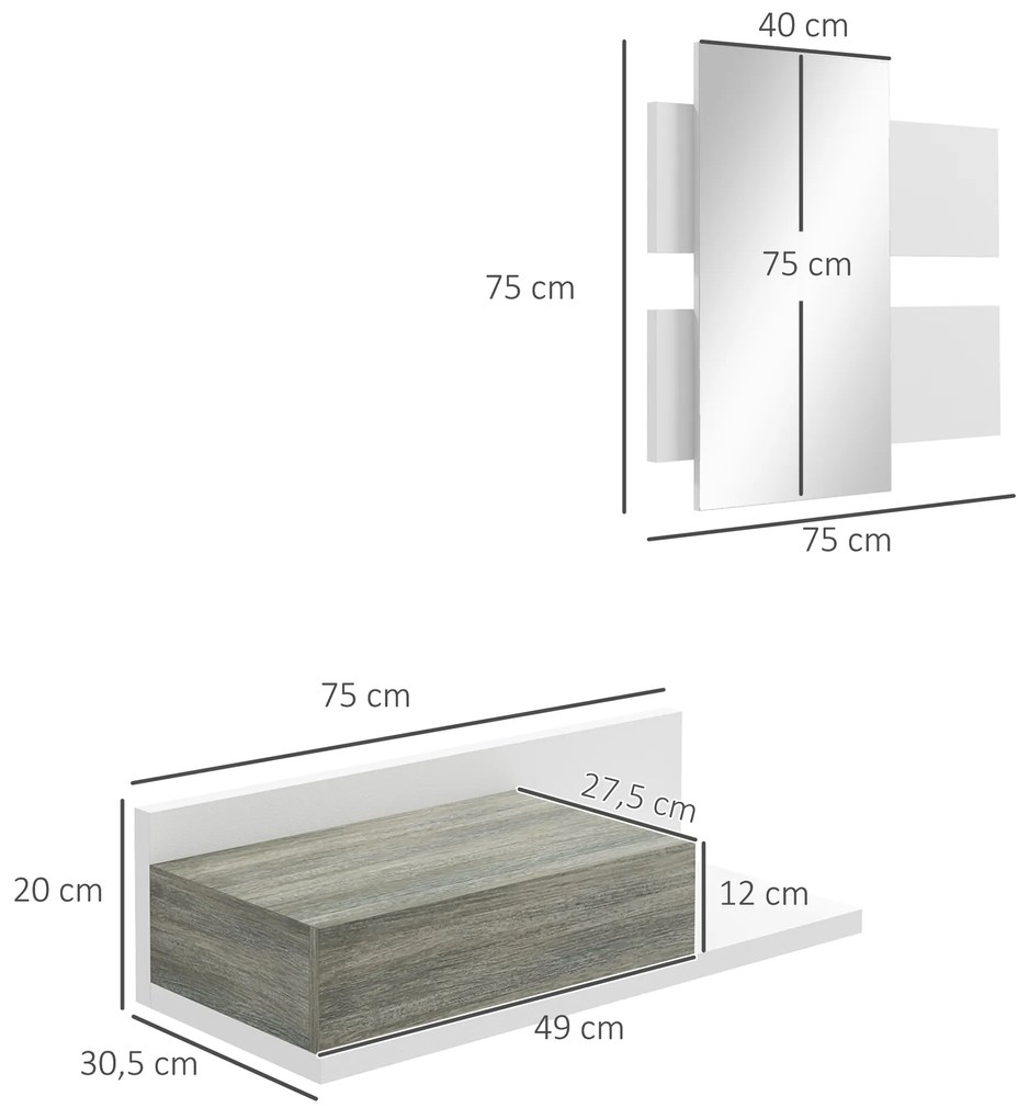 Conjunto de Móveis de Entrada com Espelho e Gaveta Móvel de Entrada Suspenso Moderno 75x4x75 cm e 75x30x20 cm Branco e Cinza