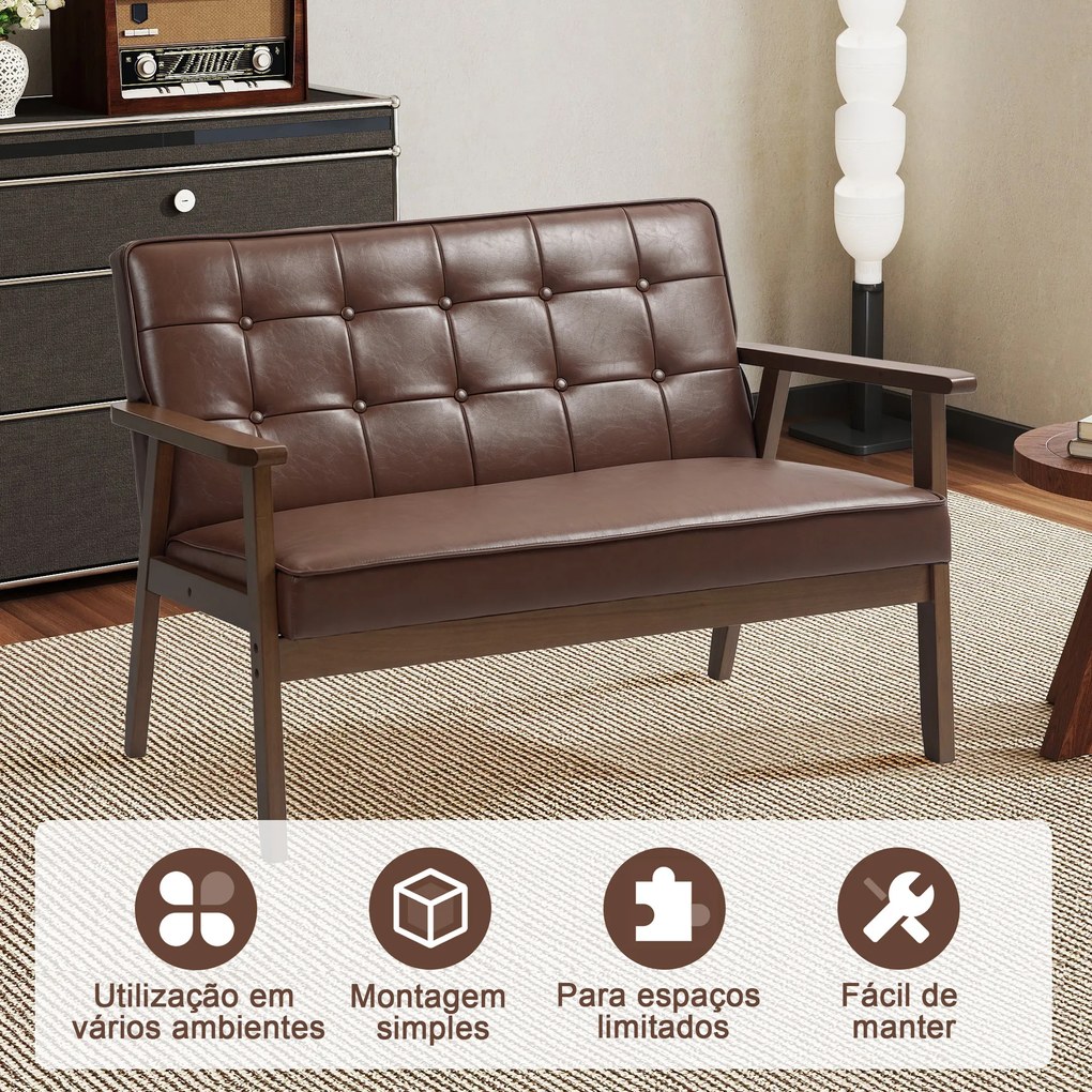Sofá de 2 Lugares Estofado em Couro PU com Apoio para os Braços de Madeira para Sala de Estar Dormitório115x70x81 cm Castanho
