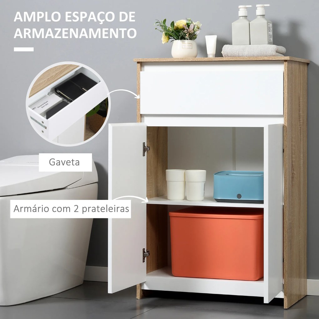 Móvel Auxiliar Casa de Banho com 1 Gaveta e 2 Portas Armário Casa de Banho de Estilo Moderno 60x30x90cm Branco e Madeira