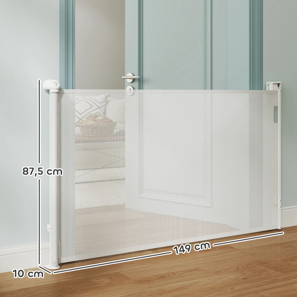 Barreira retrátil para cães, largura 149 cm, bloqueio automático - branca