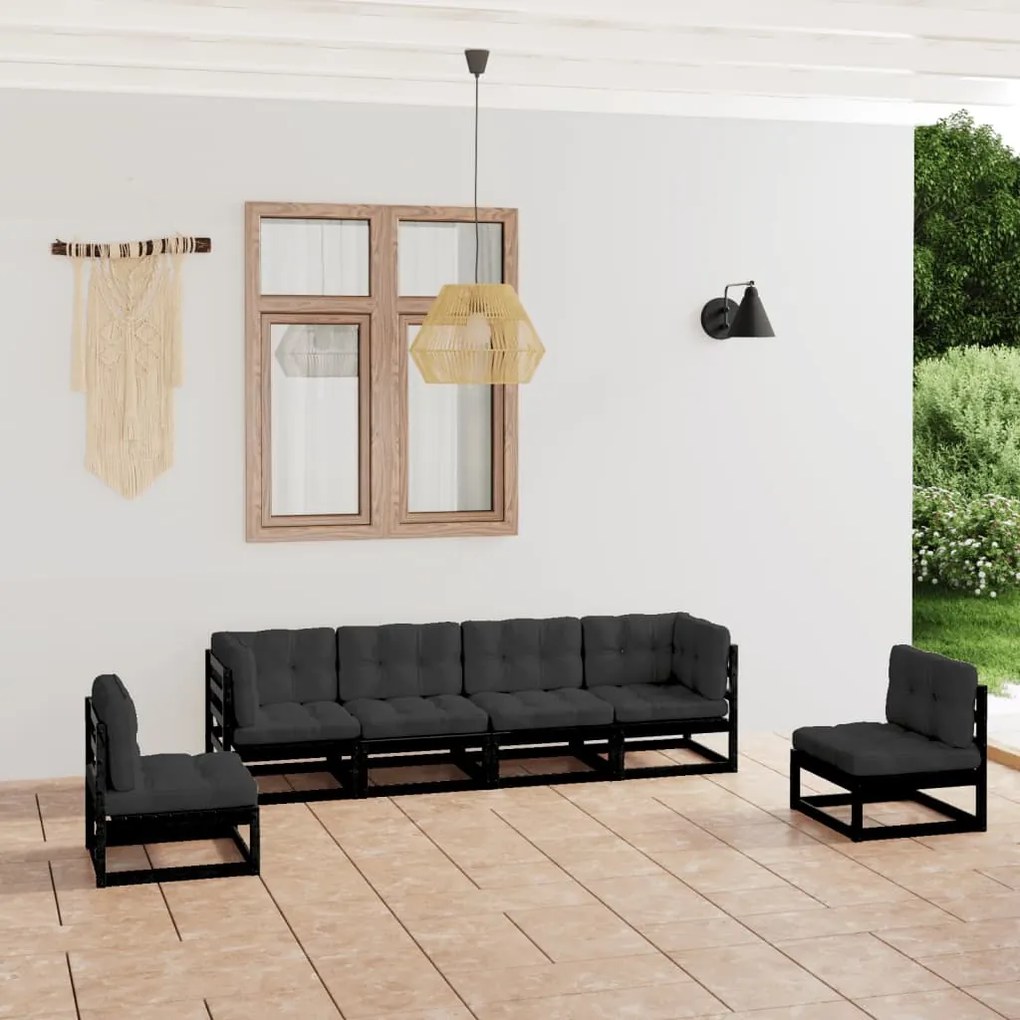 6 pcs conjunto longue de jardim c/ almofadões pinho maciço