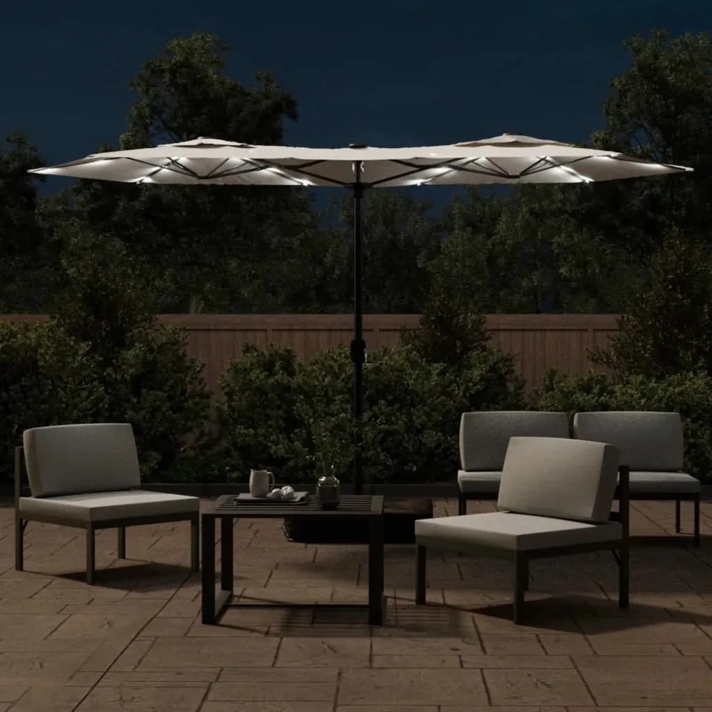 Guarda-sol de jardim c/ cabeça dupla/LED 316x240cm branco areia