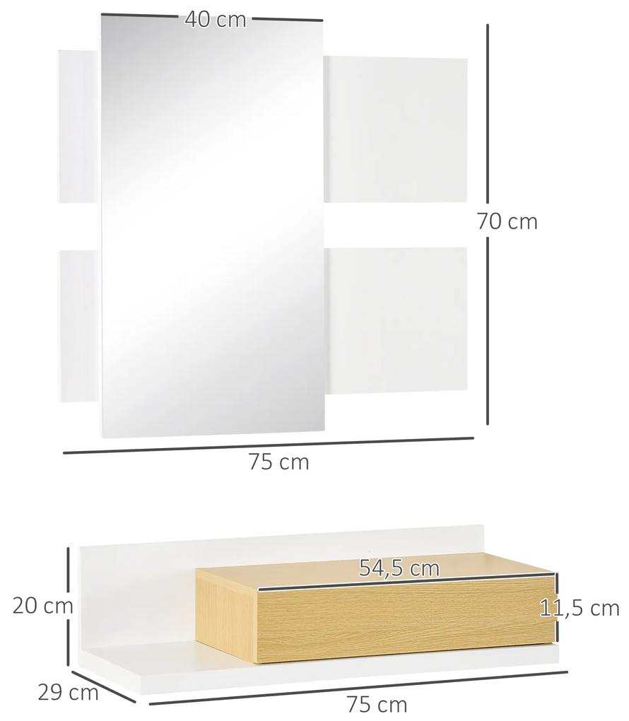 Conjunto de Móveis de Entrada Móvel de Entrada com Espelho e Gaveta Estilo Moderno para Corredor 75x4x70cm e 75x29x20cm Branco e Madeira