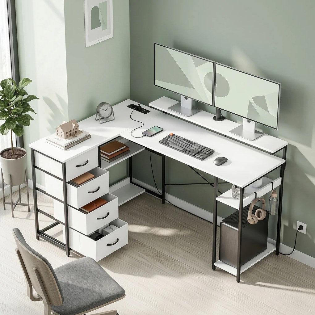 Secretária de canto com 4 gavetas com tomdas 155x112x85,5-91,5 cm Branco