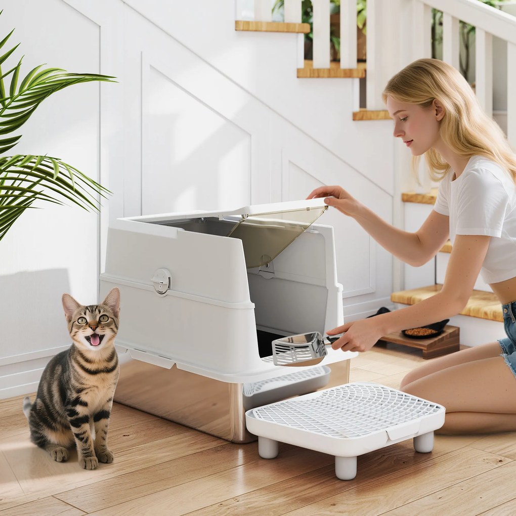 Caixa de Areia XL em Aço Inoxidável para Gatos, Fechada, com Tampa Basculante, Borda Alta, Pá Metálica, Anti-derrame, Cinzento-claro