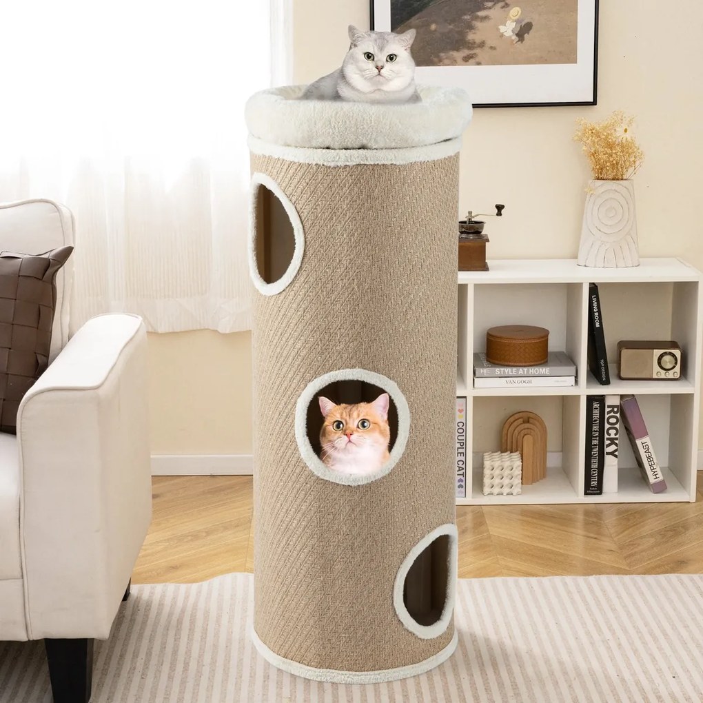 Casa para gatos de 4 níveis, caverna elevada com cama removível, painel para arranhar em sisal, 43 x 113 cm, cor cáqui