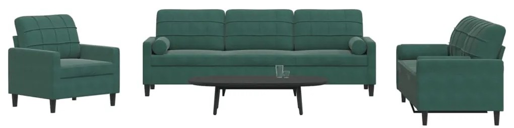 3 pcs conjunto sofás com almofadões e rolos veludo verde-escuro