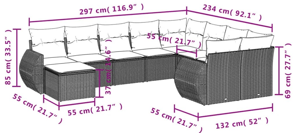 10 pcs conjunto sofás de jardim c/ almofadões vime PE cinzento