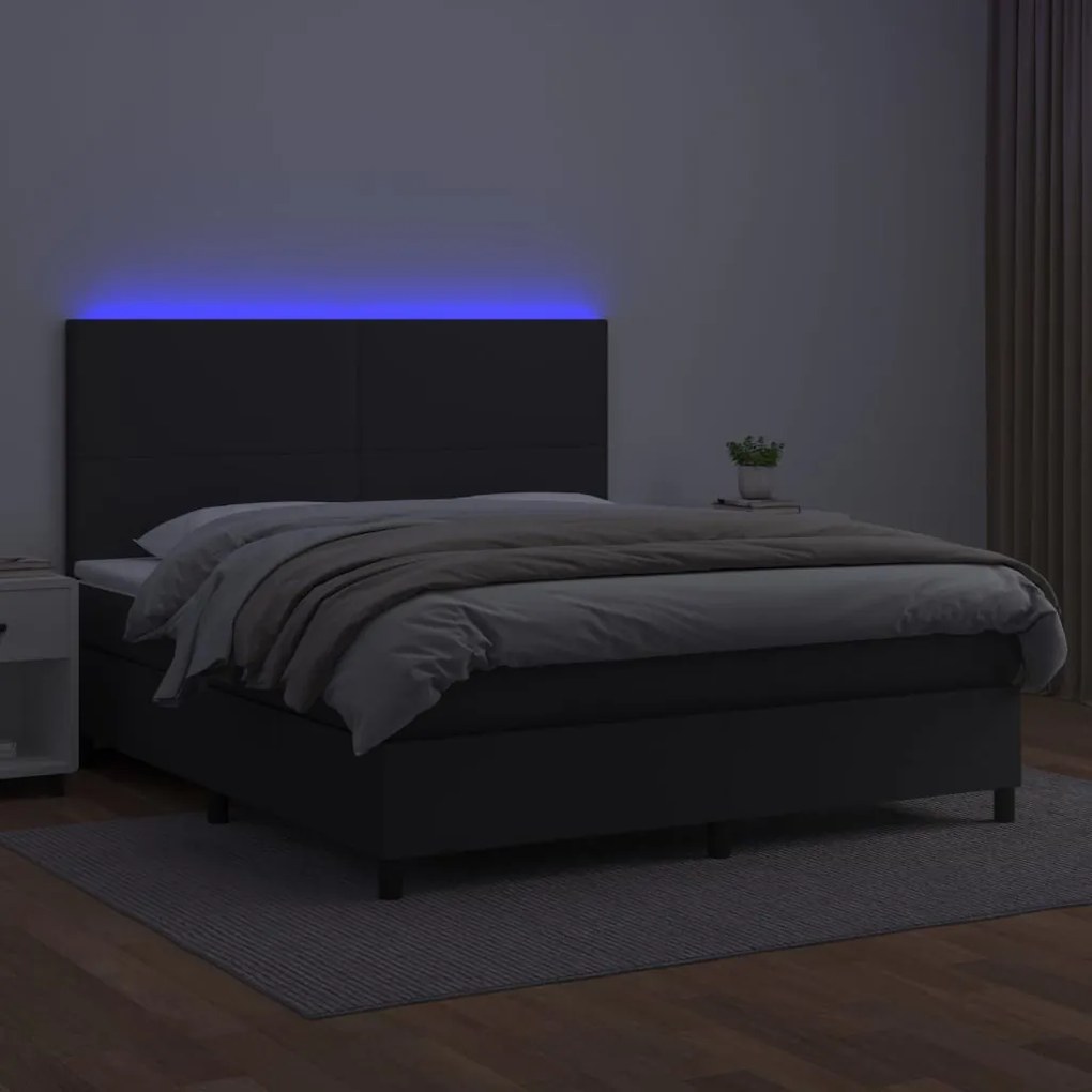 Cama box spring c/ colchão/LED 180x200cm couro artificial preto