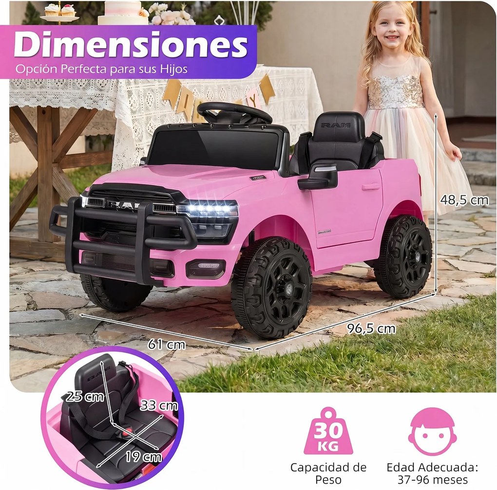 Carro Elétrico Infantil Todo-o-Terreno, 96,5 x 61 x 48,5 cm, Com Comando e Pedal, Rosa