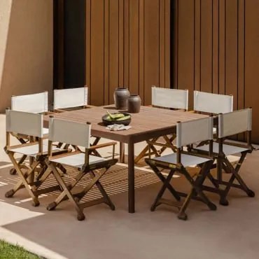 Conjunto De Mesa Quadrada De 150x150 Cm Em Madeira De Acácia Aderyn E 8 Cadeiras Dobráveis De Diretor De Jardim Ridley Em Madeir Branco Quebrado -