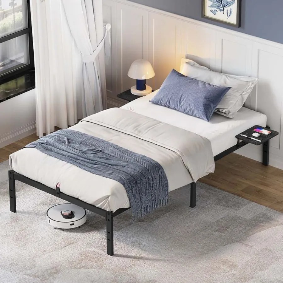 Estrutura de cama de casal em metal com prateleiras de arrumação (COLHÃO NÃO INCLUIDO) 200 x 90 x 40,6 cm preto