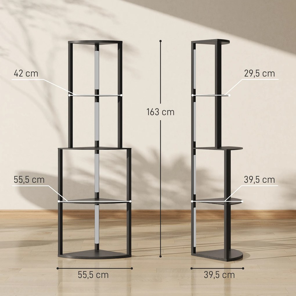 Candeeiro de pé para sala de estar, com prateleiras de canto de 4 níveis, intensidade de luz regulável, 55,5 x 39,5 x 163 cm, preto