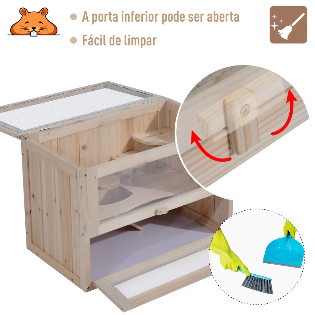 Gaiola de madeira de hamster Casa de roedores para pequenos animais 2 níveis 60x35x42cm