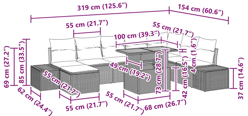 Conjunto de Jantar de Jardim de 9 Peças com Almofadas Bege em Rattan P