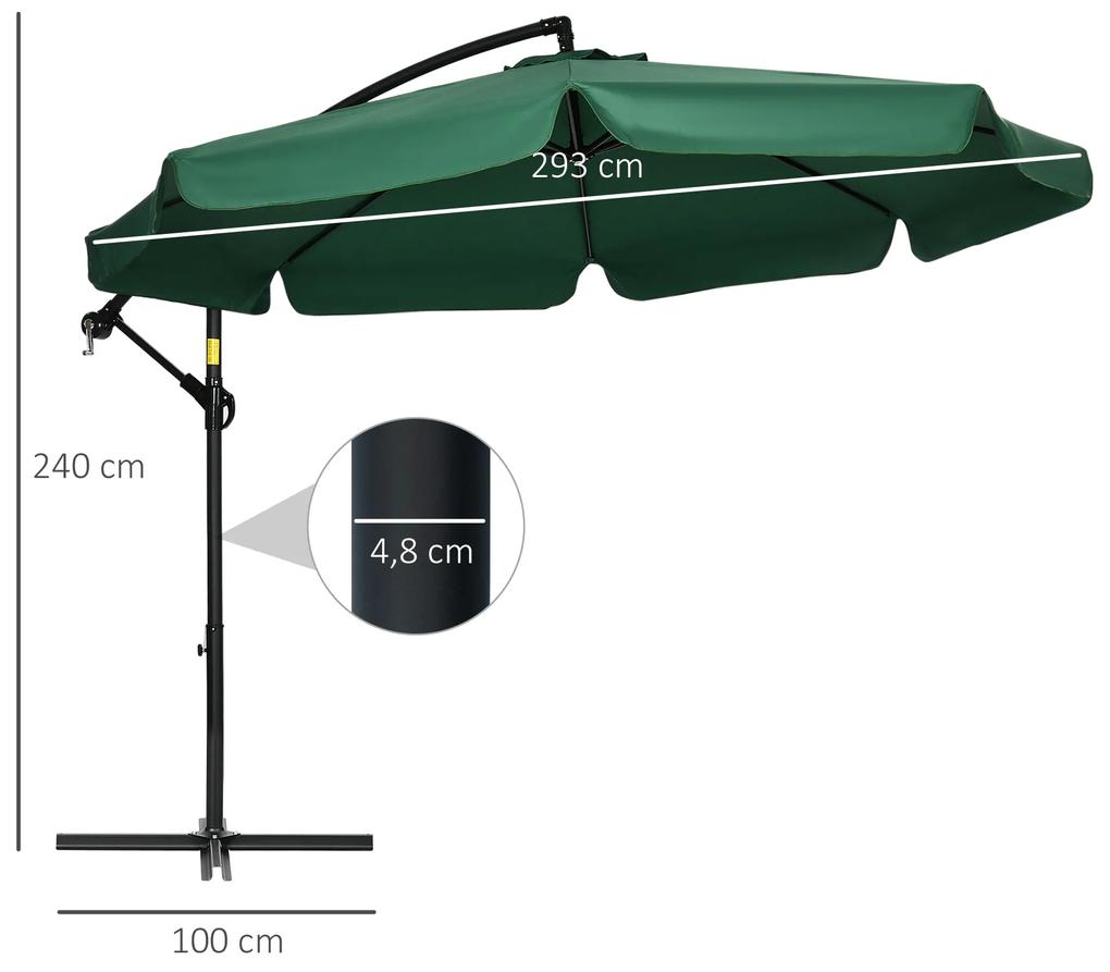 Chapéu de Sol de Jardim Ø293x240 cm Chapéu de Sol Excêntrico com Rotação de 360° Manivela Base Cruzada e Suporte de Aço para Varanda Pátio Verde