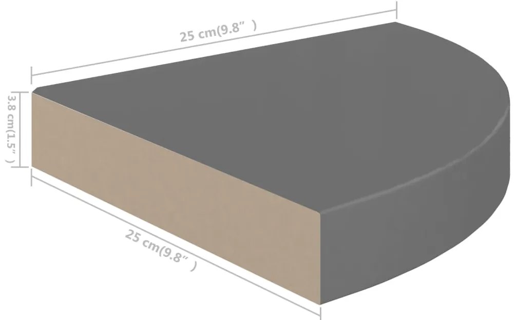 Prateleiras canto suspensas 2 pcs 25x25x3,8cm MDF cinza brilh.
