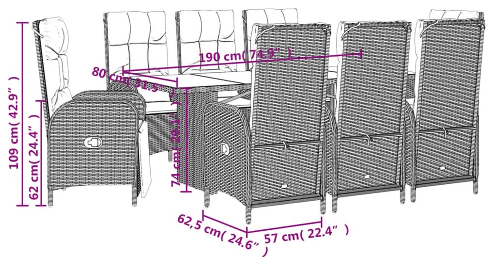 9 pcs conjunto de jantar p/ jardim c/ almofadões vime PE cinza