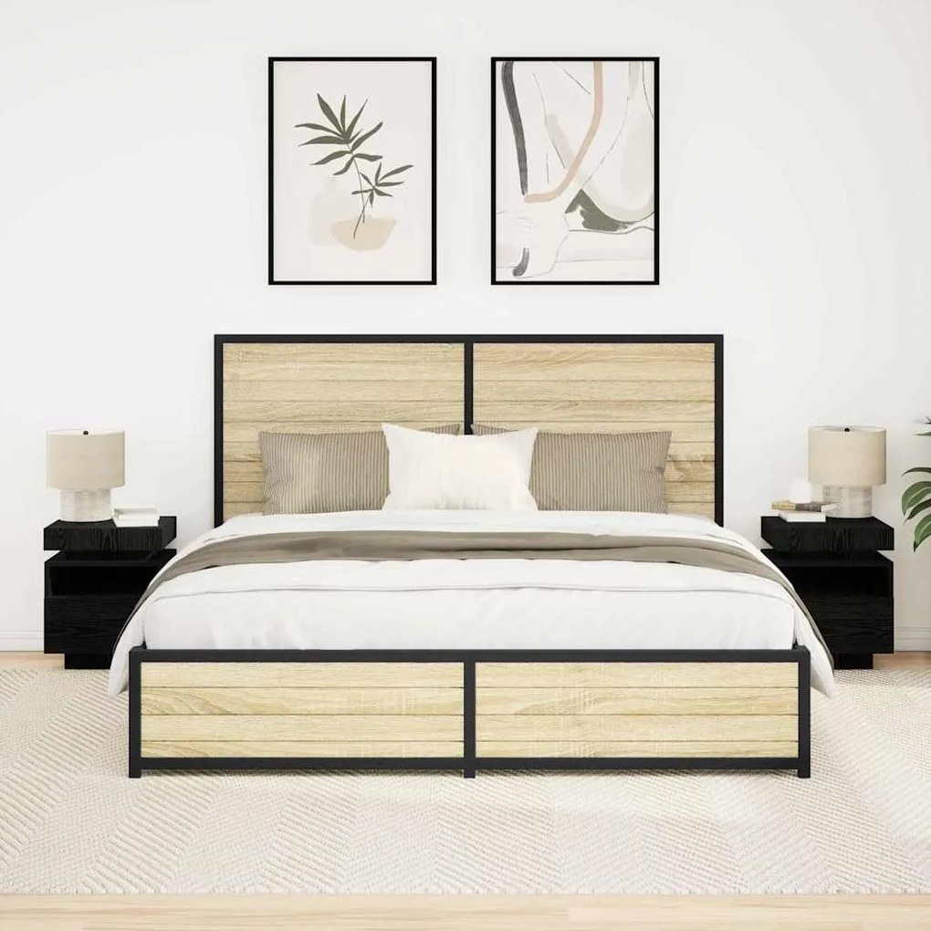 Mesa de cabeceira vidaXL com luzes LED 2 pcs Carvalho preto 40x39x48,5