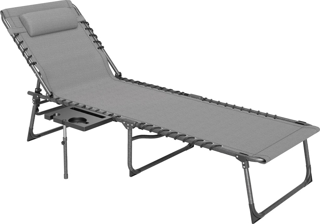 Outsunny Espreguiçadeira de Praia Dobrável Jardim Encosto Ajustável Apoio Cabeça Bolsa Lateral Bandeja Portátil 190x60x31 cm Cinza | Aosom Portugal