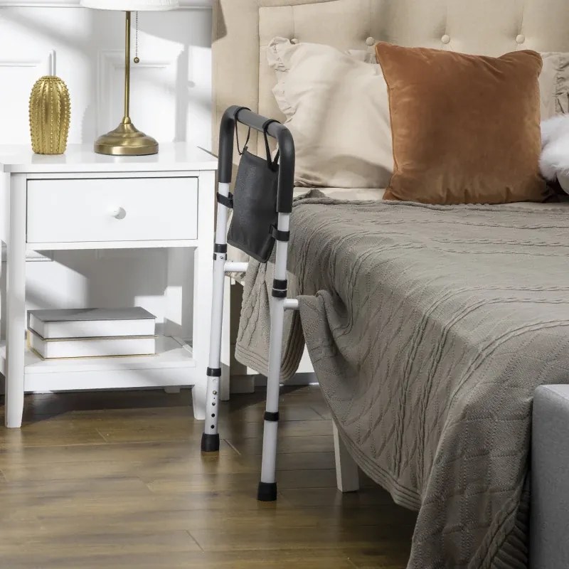 Barra de apoio para cama com pés, proteção ajustável em 5 alturas, bolso de arrumação, 52 x 85-95 x 71-102 cm, branco e preto