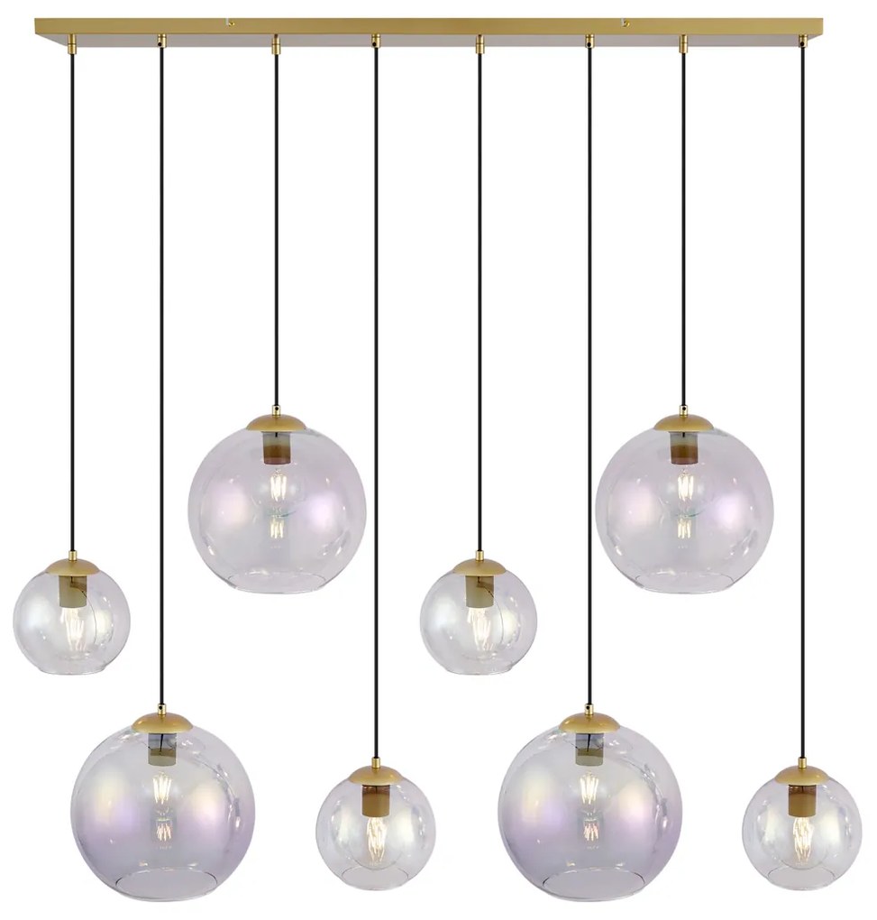 Candeeiro suspenso Art Déco dourado com vidro arco-íris 8-luzes - Sandra