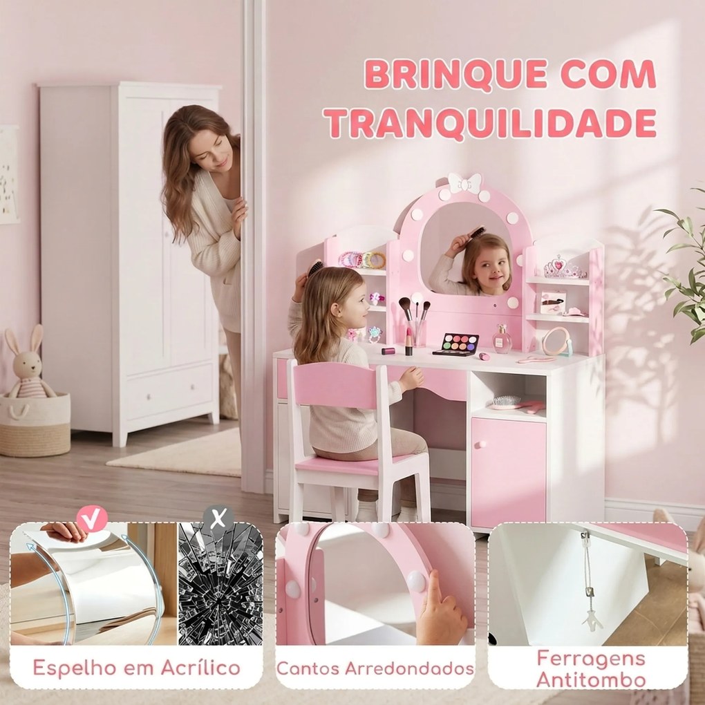 Penteadeira Infantil com Espelho LED 2 Cores, Banco, 2 Armários, Gaveta e Prateleiras, Rosa