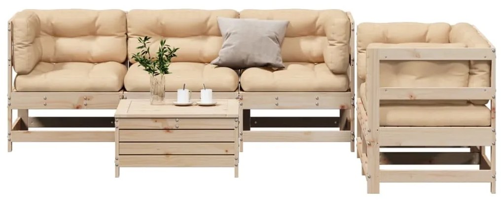 6 pcs conjunto lounge de jardim c/ almofadões pinho maciço