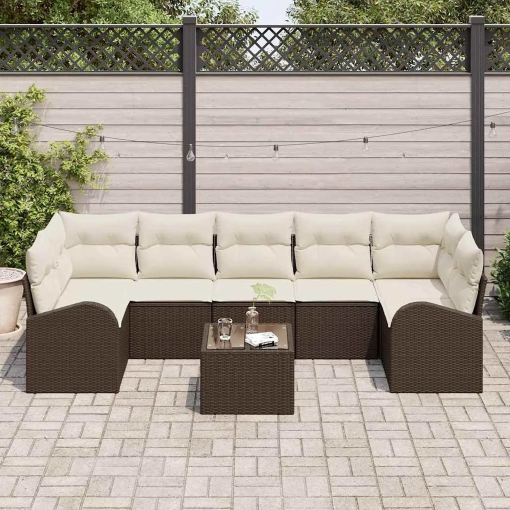 vidaXL Conjunto de sofá para o jardim com 8 peças e almofadas marrons em rattan sintético