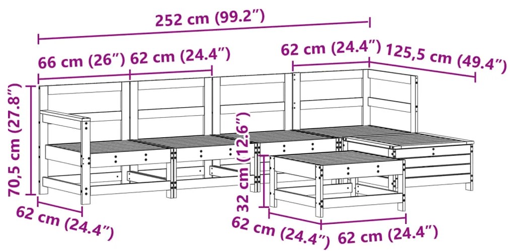 6 pcs conjunto sofás de jardim madeira de pinho maciça