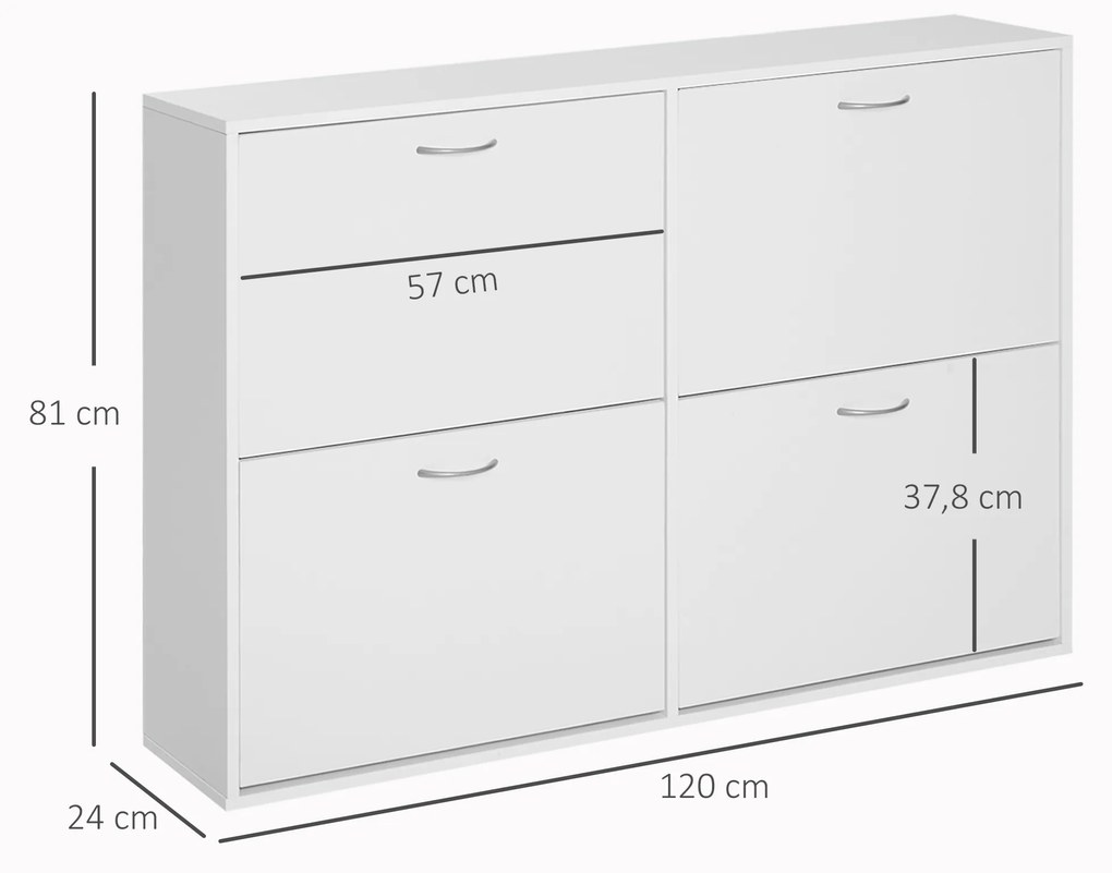 HOMCOM Móvel Sapateira Branca Sapateira Moderna com 4 Gavetas Abatíveis e Prateleiras Ajustáveis para 16-24 Pares de Sapatos para Corredor Entrada 120x24x81 cm Branco
