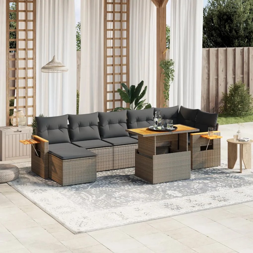 8 pcs conjunto sofás de jardim c/ almofadões vime PE cinzento