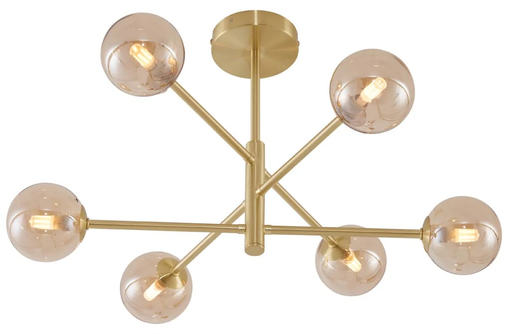 Plafond moderno latão com vidro âmbar 6-luzes - Ryan Moderno