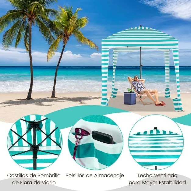 Tenda Guarda-sol de praia portátil com parede lateral amovível Bolsa de transporte 8 sacos de areia Proteção solar Exterior 183 x 183 cm Verde
