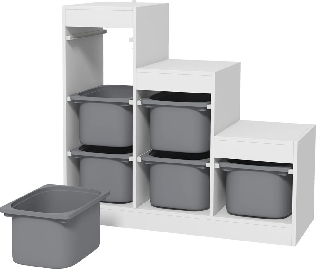 Móvel de arrumação para brinquedos infantis com 6 caixas removíveis, 3 níveis de arrumação, 96 x 38,5 x 90, branco, cinzento