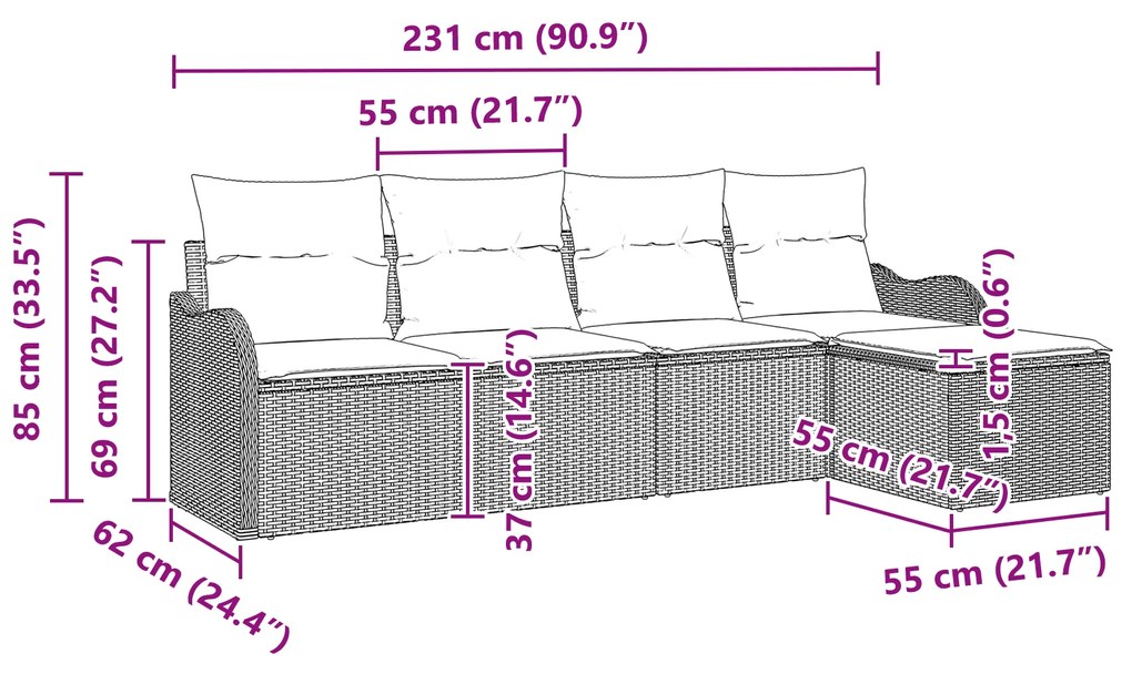 Conjunto de Sofá de Jardim vidaXL de 5 Peças com Almofadas Cinza Ratta