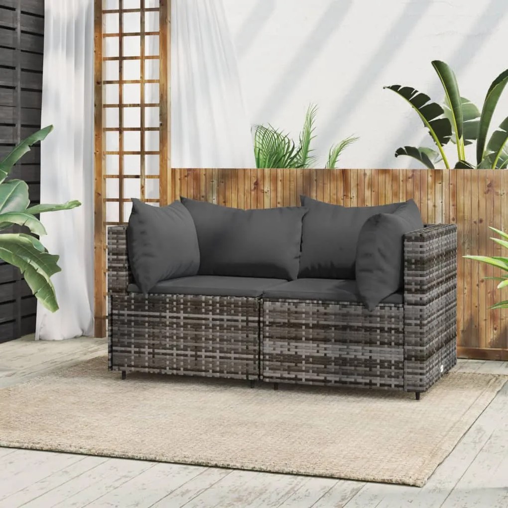 vidaXL Sofás de canto p/ jardim c/ almofadões 2 pcs vime PE cinzento