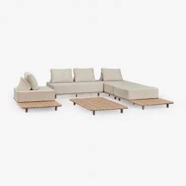 Conjunto De Sala De Estar Com Sofá Modular De 3 Peças, Chaise Longue, Mesa Lateral, Poltrona E Mesa De Centro 160x95 Cm Em Acáci - Sklum
