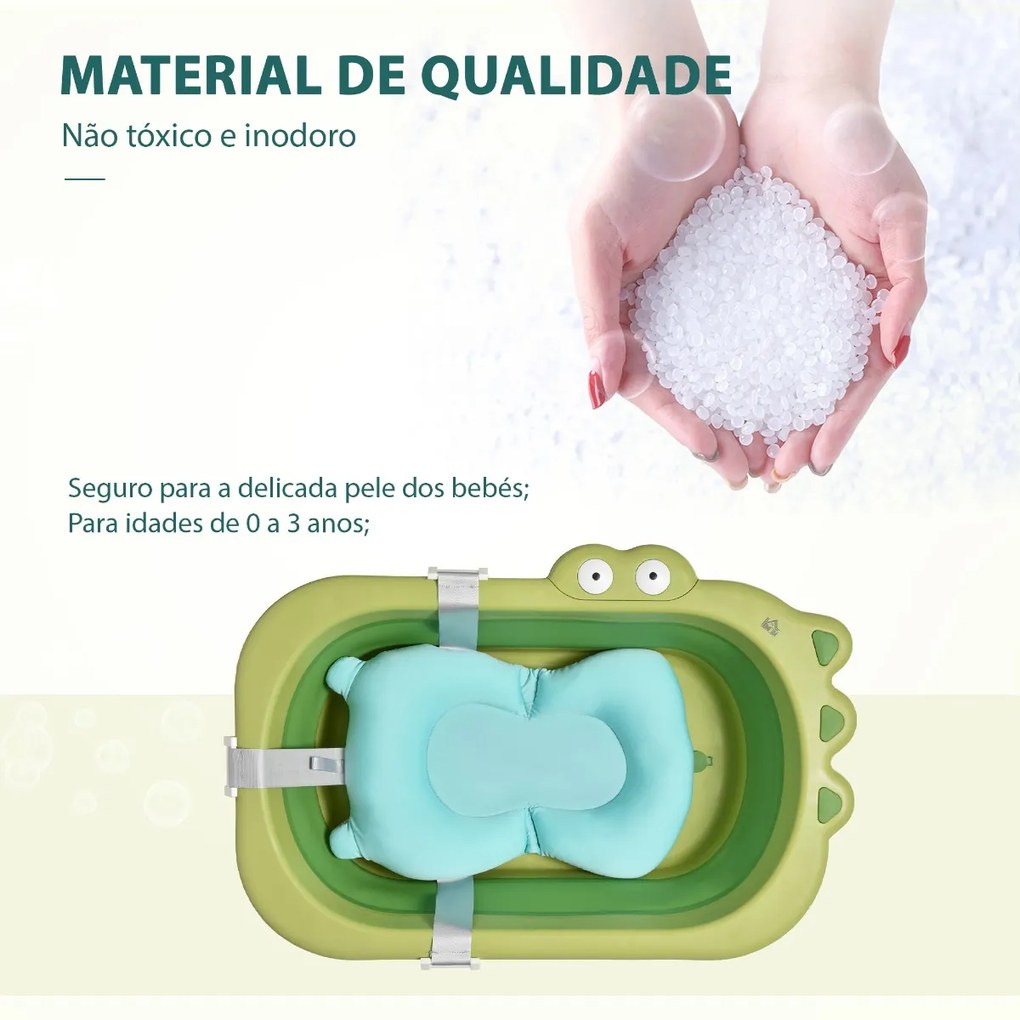 Banheira Dobrável para Bebé Recém Nascido até 3 Anos 50L com Almofada Confortável e Pés Dobráveis 80x53,9x20,8cm Verde