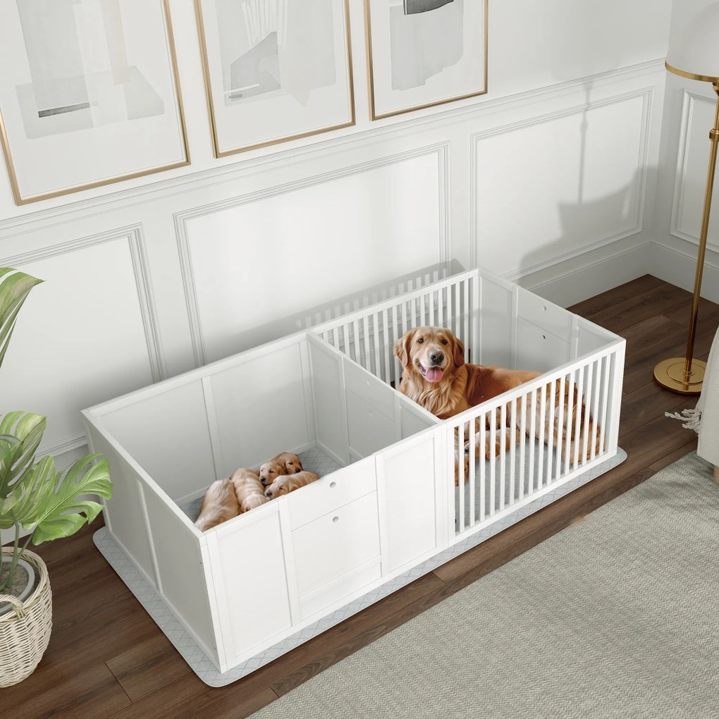 Caixa de parto para cães e cachorros, parque de parto para cães com porta de altura ajustável 166 x 80 x 50 cm, branco