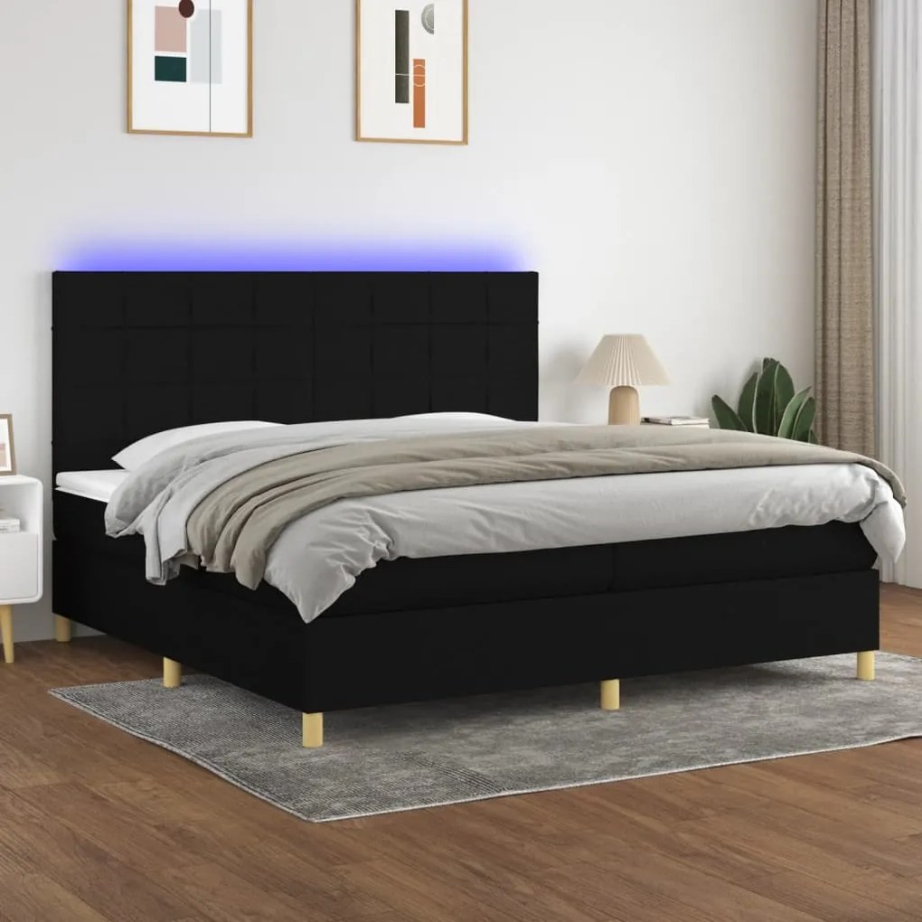 Cama box spring c/ colchão e LED 200x200 cm tecido preto