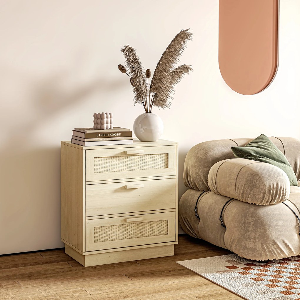HOMCOM Cómoda com 3 Gavetas de Vime Cómoda de Madeira para Dormitório Sala de Estar Estilo Boêmio 60x38x69 cm Madeira