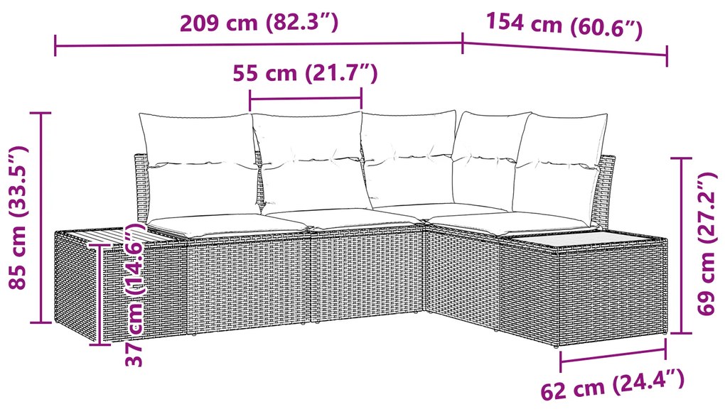 Conjunto de Sofás de 4 Peças para Jardim com Almofadas Preto Rattan Po