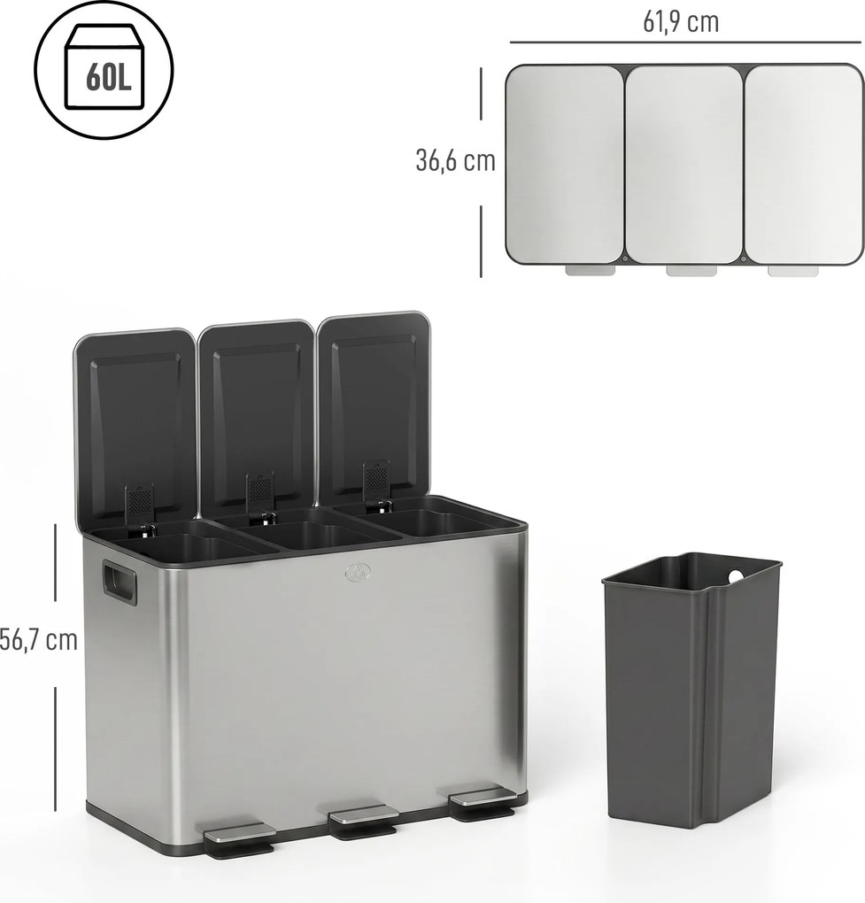 Caixote do lixo de cozinha, caixote do lixo para separação seletiva, 3 compartimentos de 20 L, baldes interiores removíveis, 61,9 x 36,6 x 56,7 cm, pr