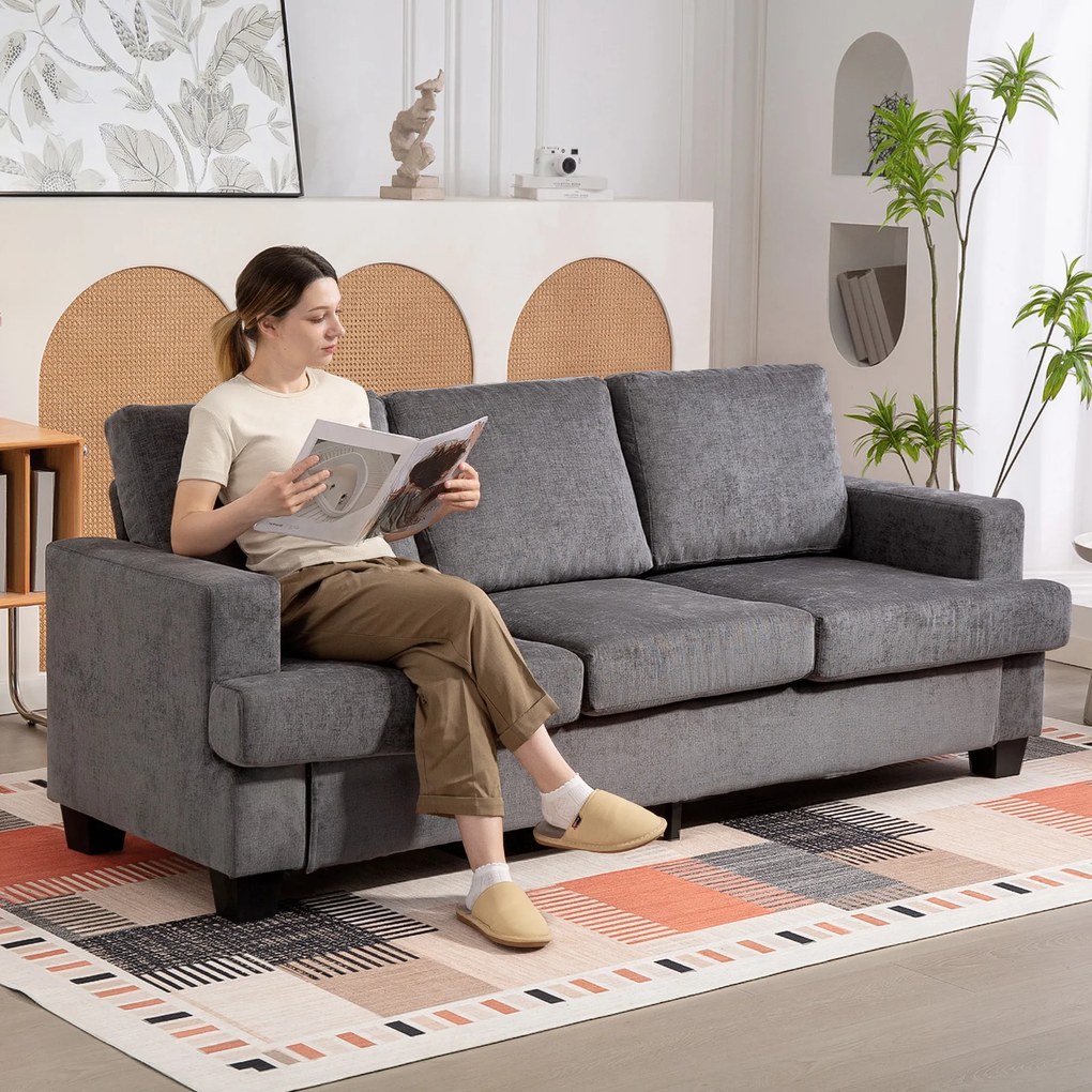 Sofá de 3 Lugares Sofá Sala de Estar 213x80x90 cm Estofado em Chenille Estrutura de Aço e Desenho Moderno Cinzento