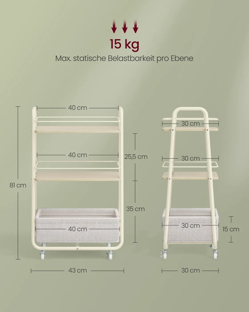Carrinho cozinha com cesto de tecido 43 x 30 x 81 cm bege natural-branco creme