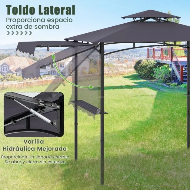 Tenda para Churrasco (Não Incluido) com grelha de 318 x 153 cm Toldo lateral Parte superior de 2 níveis 2 prateleiras laterais Estrutura em metal Cinz