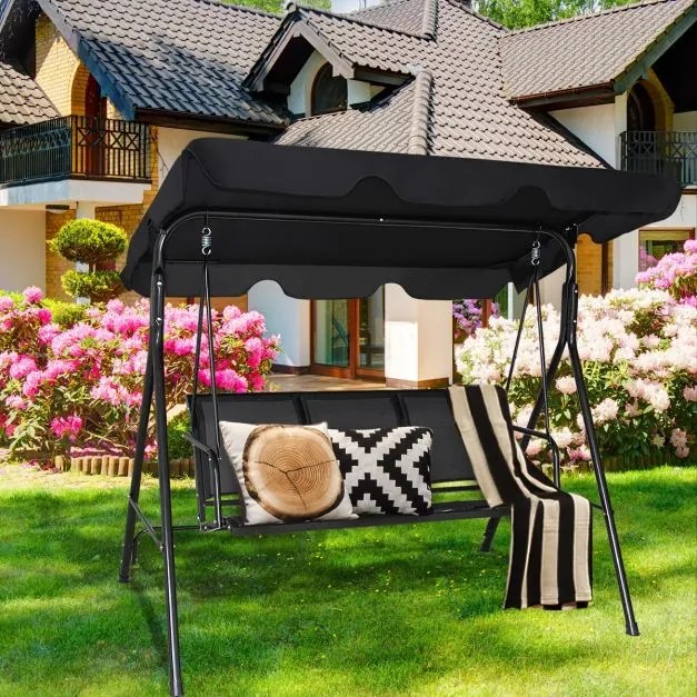 Baloiço de jardim de 3 lugares com cobertura metálica Baloiço para terraço, varanda, pátio exterior Preto