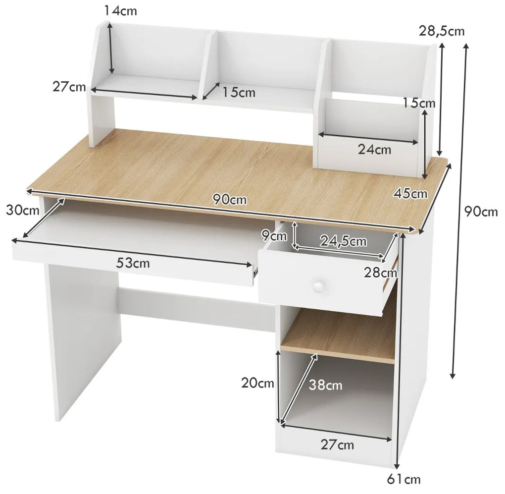 Mesa de estudo para crianças em madeira para computador com tabuleiro para teclado Estantes com gavetas 90 x 45 x 90 cm Natural+Branco